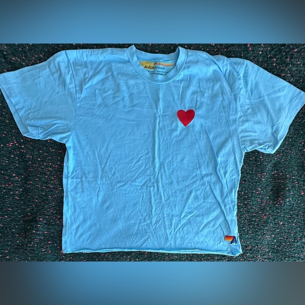RARE Aviator Nation Heart Tee Blue Rainbow Stripe Boyfriend Tee NWOT M - Picture 2 of 16